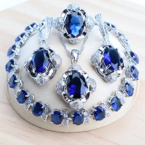 Ketting blauw zirkon zilver 925 bruids sieraden sets vrouwen fijne kostuum sieraden bruiloft oorbellen ringen armbanden hang ketting set