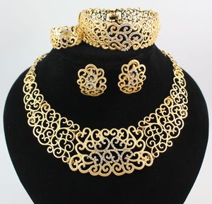 Collar, pulsera, pendientes, anillos, conjuntos de joyería africana, moda, chapado en oro de 18 quilates, conjunto de fiesta de boda con diamantes de imitación de flores