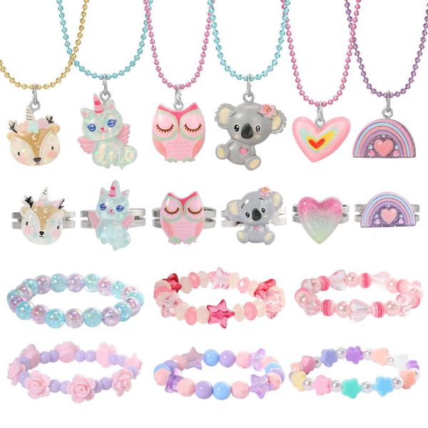 Collar, pulsera, juego de anillos Pinksheep para niñas, unicornio, koala, corazón, arcoíris, alce, búho, joyería para niños y adolescentes