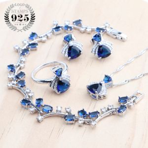 Ensemble de bijoux de mariée en argent Sterling 925, Bracelets, boucles d'oreilles, bague, pendentif, ensemble de collier en Zircon bleu de mariage