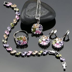 Collier de mariée en argent 925, ensembles de bijoux pour femmes, fleur avec zircone cubique multicolore, collier/bague/boucles d'oreilles/Bracelet/pendentif
