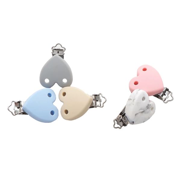 Collier Chenkai 10 pièces Clips de dentition en Silicone coeur bricolage sucette factice sucette bijoux d'allaitement jouet porte-chaîne Clips 2 trous