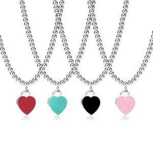 Ketting klassieke hanger 925 sterling zilveren kralen voor vrouwelijke sieraden met roze blauw rood zwart kleur email hart ketting groothandelw8r dw8r