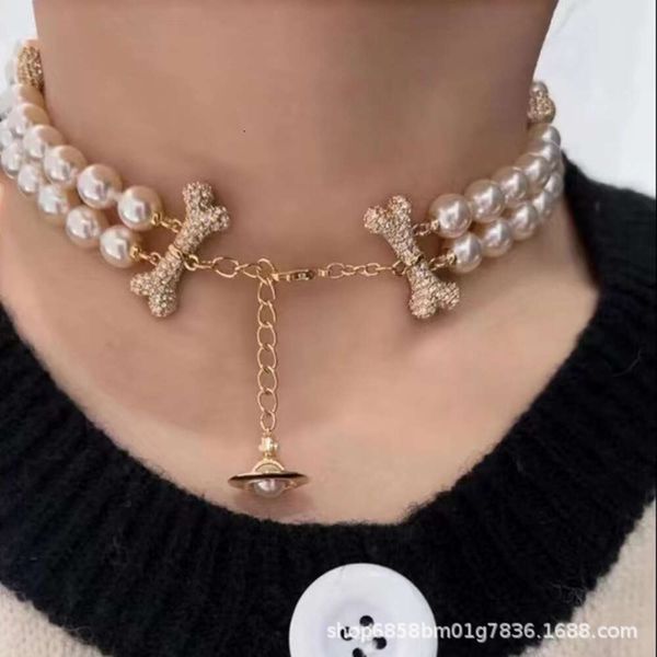 Collier Designer Viviennes Westwoods Luxe Hip Hop Bijoux Haute Qualité West Light Luxe Os Double Rangée Saturne Collier De Perles Haute Édition