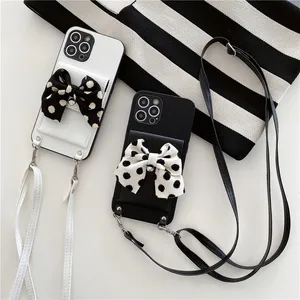 Ketting stippen print boog lederen telefoonhoesjes voor iPhone 14 13 12 11 pro max xr xs 7 8 plus SE2 SE3 verstelbare lanyrad vogue kaart slot slot koppelingskoppeling achteromklep