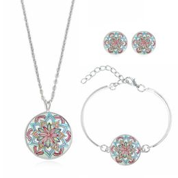 Collier Boucles d'oreilles Bracelet Bijoux Cadeaux Mandala Flower Imprimer Temps de conception de pierre Gemle Collier plaqué Collier Moucles d'oreilles Stud pour les filles