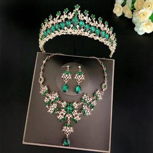 Ketting Oorbellen Ketting Barok Goud Groen Rood Blauw Kristal Bruidssieradensets Strass Tiara Kroon Oorbel Choker Bruiloft Dubai Se