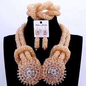 Ketting Oorbellen Ketting Luxe Kostuum Afrikaanse Sieradensets Goud Kleur Nigeriaanse Bruiloft Kralen Voor Bruid Dames Bruidssieraden Set 22120