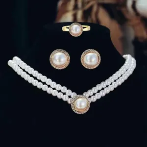 Collier Boucles d'oreilles Set 1 Bride French Style Temperrament vintage Double couche élégante cadeau hypoallergénique haut brillant fausse perle ri