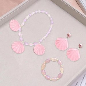 Ketting Oorbellen Set 1 Kinderen Sieraden Schelp Imitatie Parel Prinses Stijl Roze Lichtgewicht Roestvrij Hangend Kinderen Cosplay Speelhuisje J