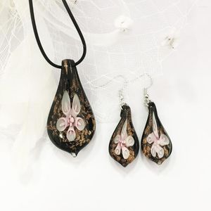 Ketting oorbellen set 1 handgemaakte murano glazen roze bloem jinsha waterdop hanger oorrang etnische stijl sleutelbeen keten sieraden