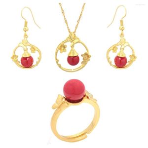 Ketting oorbellen set 1 van Chinese stijl rode shell kralen gouden bruids sieraden bloem vlinder verstelbare ring vrouw