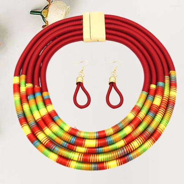 Ensemble de collier et boucles d'oreilles, 1 tour de cou multicouche, Style africain, tissé à la main, boucle magnétique Unique et délicate