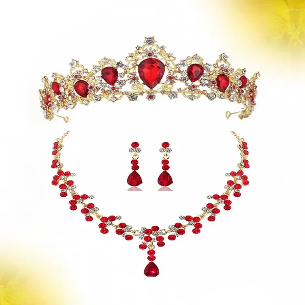 Ensemble de boucles d'oreilles et collier 1 jolie couronne de mariée, bijoux élégants, accessoires pour robe de mariée, accessoire de costume pour femme (rouge)