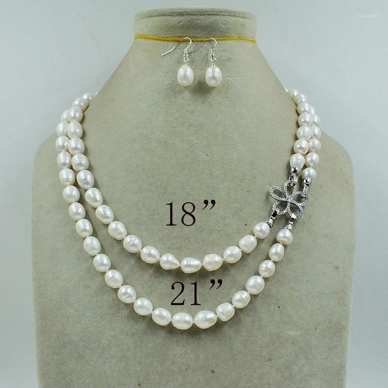 Necklace Earrings Set 10-11MM Natural Farmed White Pearl Classic Women's Wedding