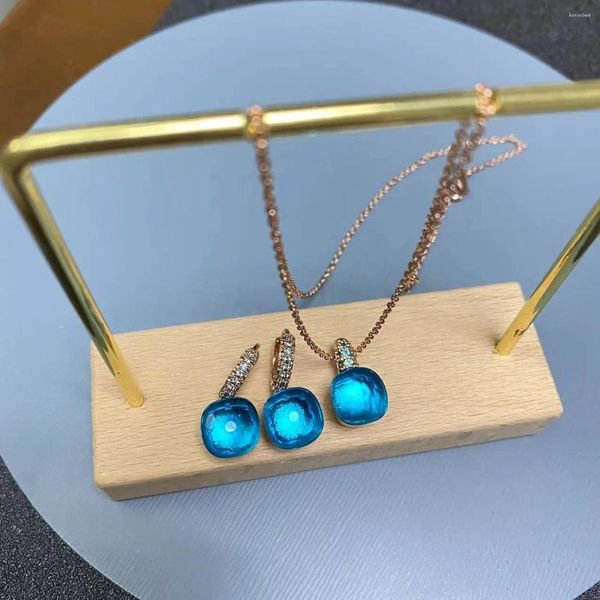 Conjunto de pendientes y collar para mujer, joyería de cristal de Color caramelo cuadrado Nudo de 10,6mm, Topacio azul, regalo de moda