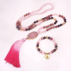 Ketting oorbellen set 108 Mala geknoopte lange oude goud lotus bedelarmband mix natuursteen multi -kleuren combo's roze rode kwastjes