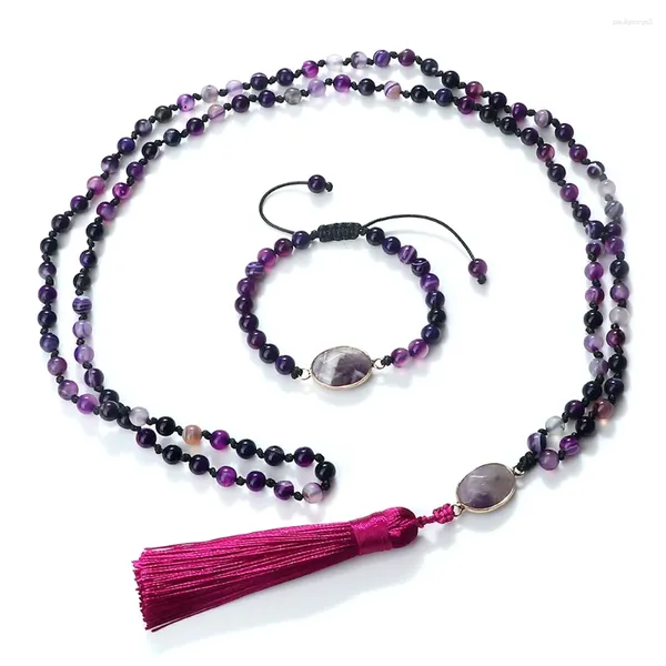 Collier boucles d'oreilles ensemble 108 Mala chapelet 6mm naturel violet Agates pierre prière guérison perles Bracelet pour femmes gland noué longs bijoux