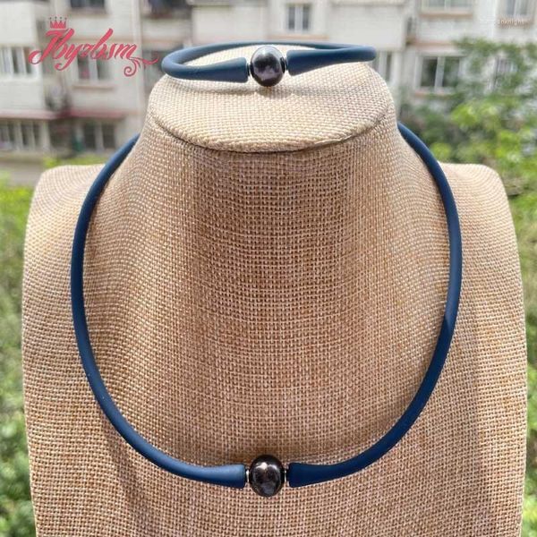 Collier boucles d'oreilles ensemble 10mm rond noir perle d'eau douce bleu gris Silicone Sport décontracté étanche bijoux Long Yoga Bracelet 1