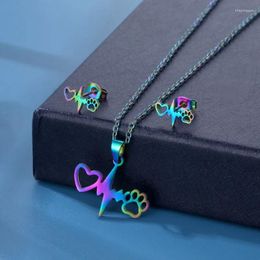 Conjunto de pendientes y collar, 10 juegos por lote, pendiente con pasador de cadena con colgante de latido del corazón colorido de acero inoxidable para mujer, joyería de moda, regalo al por mayor