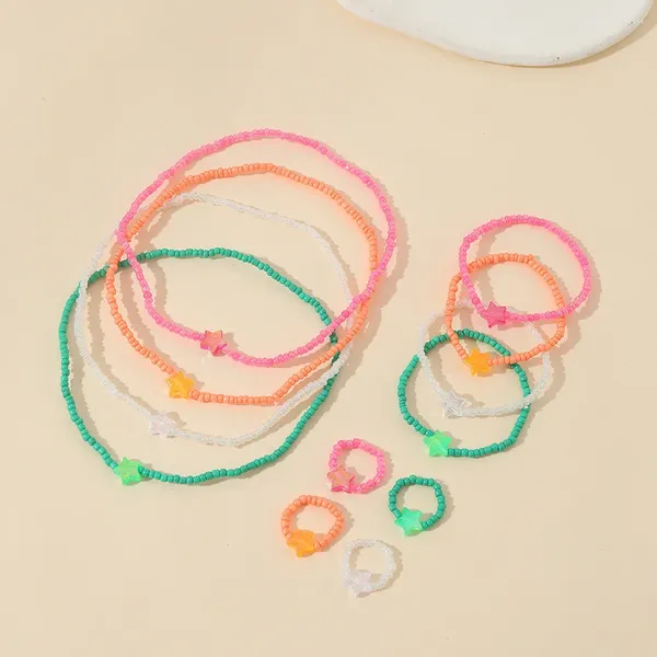 Conjunto de collar y pendientes, 12 Uds., cuentas de arroz de cristal de colores, estilo bohemio de playa, pulsera de estrella hecha a mano, anillo para niñas, joyería