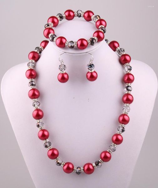 Conjunto de aretes de collar Perla roja de 14 mm y perlas de cristal translúcido gris de 10 mm Pulsera Pendiente Joyería