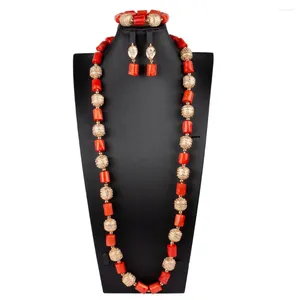 Ensemble de collier et boucles d'oreilles en corail Orange, 1 rangée, Bracelet nigérian, dubaï, perles de mariée africaines, bijoux pour femmes (feuille)