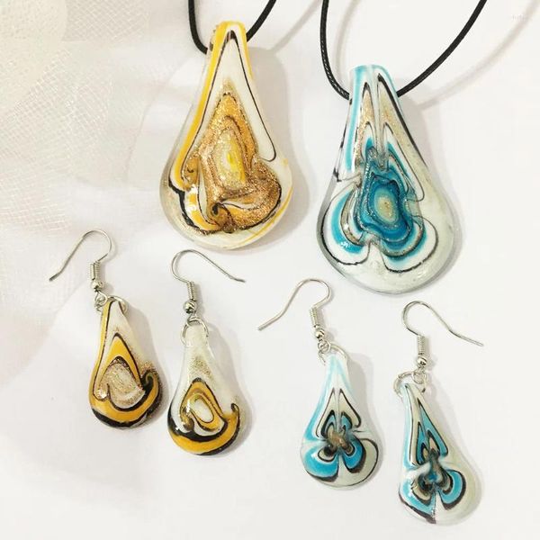 Collier Boucles D'oreilles Ensemble 1Set Bleu Murano Feuille De Verre Pendentif Bijoux Femme Style Chinois À La Main Tourbillon Motif Sables Chandail Chaîne