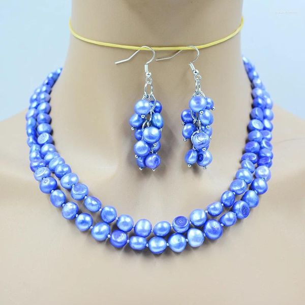 Ensemble de boucles d'oreilles collier 2 rangées 8MM ensemble de boucles d'oreilles en perles baroques naturelles bleu royal.Le plus beau cadeau pour les dames
