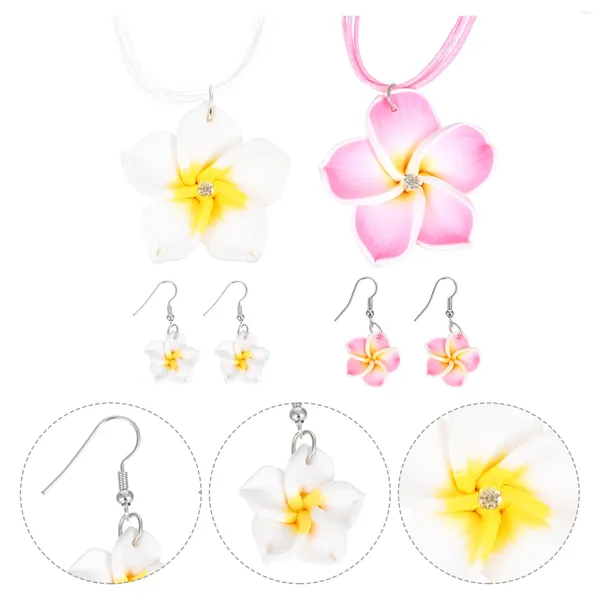 Ensemble de 2 colliers et boucles d'oreilles, accessoires de Costume hawaïen, bijoux à thème, pendentif de fête, Luau Plumeria, boucles d'oreilles Miss