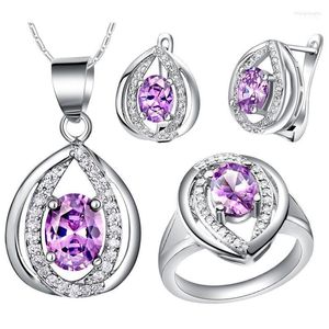 Ketting oorbellen set 2022 Oostenrijk Crystal White Gold Cover vrouwen bruiloft paars/lichtblauw en ring T444-7#