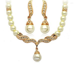 Necklace Earrings Set 2022 Creative Gold Color 1Pair Wedding Bridal Pearl Rhinestone Jewelry Lady Female Jewellery For Women