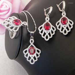 Ketting oorbellen set 2022 Rose zirkonia bloemontwerp voor vrouwen 925 sterling zilveren hangersring