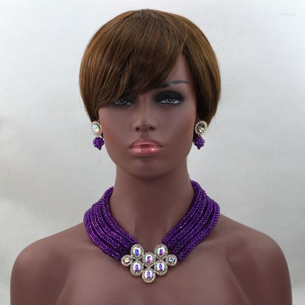 Collier boucles d'oreilles ensemble 2023 femmes élégantes cristal mariée violet africain nigérian fête de mariage perles bijoux ALJ556