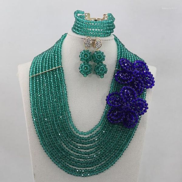 Conjunto de collar y pendientes, joyería de cuentas africanas de moda, boda nigeriana verde, cristal de 10 filas, ALJ952, 2023