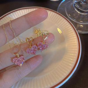 Necklace Earrings Set 2023 Fashion Necklaces For Women Heart-shaped Zircon Pink Crystal Pendant Women's Jewelry Exquisite Gift