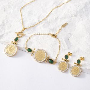 Conjunto de collar y pendientes, joyería de moda para mujer de febrero de 2023, moneda de gallo esmeralda, accesorios de acero inoxidable, regalo de vacaciones