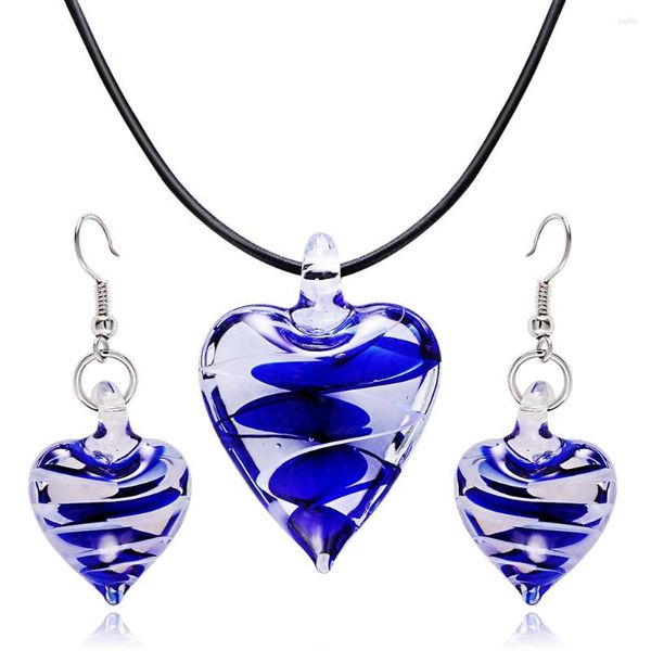 Collier boucles d'oreilles ensemble 2023 HF JEL verre de Murano bleu coeur pendentif boucle d'oreille pour femmes fille lampwork mode bijoux fête cadeau