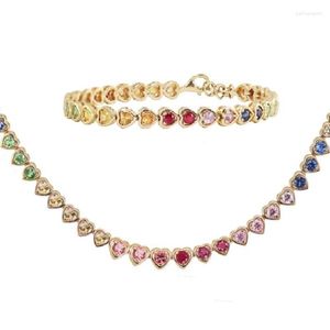 Collier boucles d'oreilles ensemble 2023 vente d'été mode femmes fille bijoux couleur or arc-en-ciel CZ coeur Tennis chaîne Bracelet