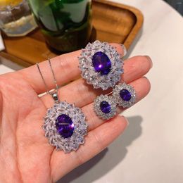 Collier Boucles d'oreilles Ensemble 2023 Fleur tendance Macrame Amethyst Gemstone Purple Crystal Pendant Ring Charms Wedding Bijoux Gift Gift