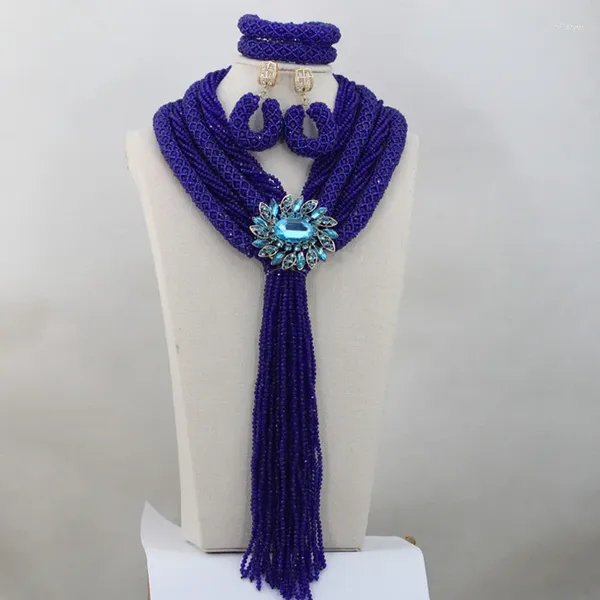 Conjunto de collar y pendientes 2023, azul real de moda, 4 filas de cuentas de cristal hechas a mano, joyería de diseño largo, Boda nupcial africana ANJ012