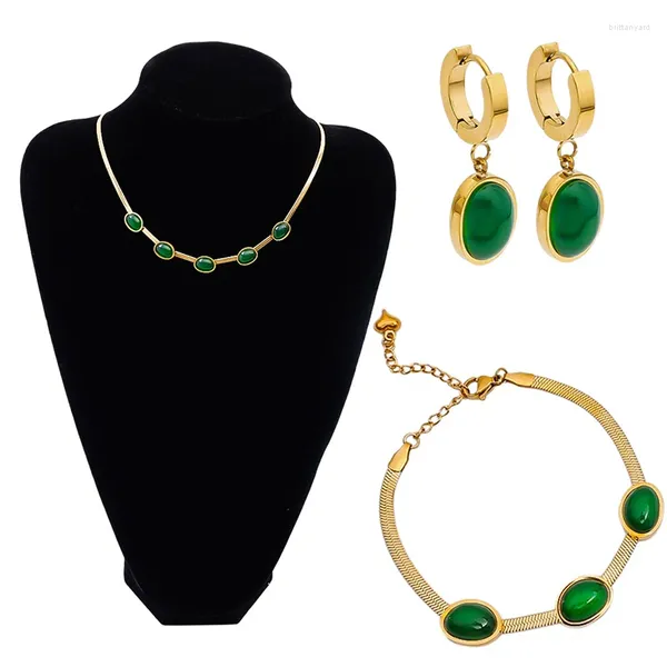 Conjunto de collar y pendientes 2023, pulsera de acero inoxidable 316L de piedra verde Vintage para mujer, joyería de Color dorado, accesorios de cadenas, regalos