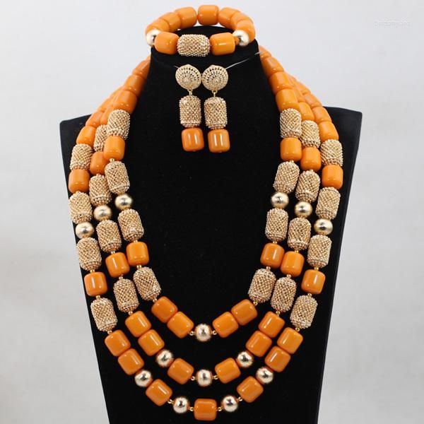 Conjunto de pendientes de collar, regalo de año 2023, cuentas de Coral naranja de moda, cuentas nupciales de boda africana ABH294