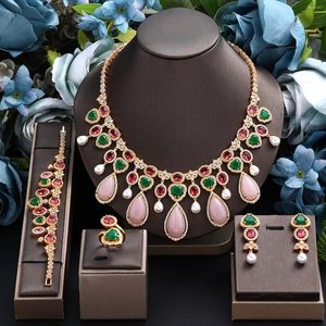 Ensemble de boucles d'oreilles et collier, 4 pièces, bijoux de mariage, zircone cubique rose, accessoires de fête pour femmes, pour mariée d'arabie saoudite, 2024