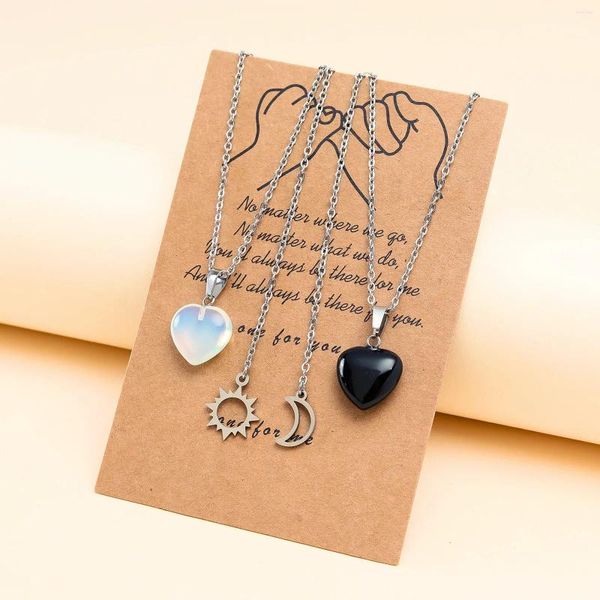 Ensemble collier et boucles d'oreilles en acier inoxydable, pendentif en pierre naturelle en forme de soleil, de lune et de cœur, cadeau pour Couple, vente en gros, 2024