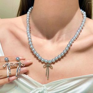 Boucles d'oreilles de collier Ensemble 2024 Fashion Vintage Chokers Graceful Bowknot Pendentif For Women Grey Pearls Neck Jewelry Wedding Gift