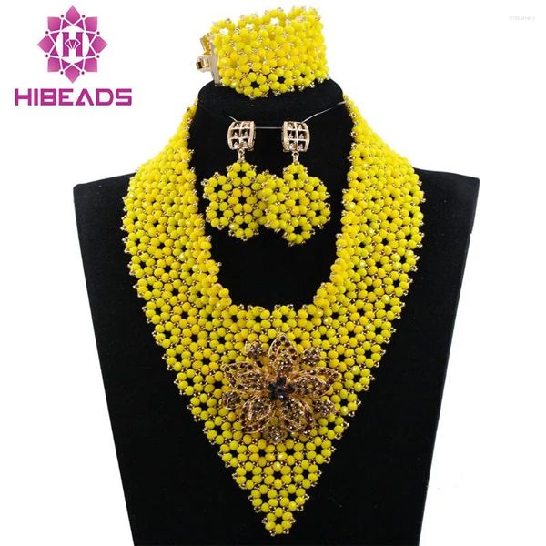 Ensemble collier et boucles d'oreilles pour femmes, bijoux en perles, cristal jaune, fait à la main, pour mariage africain, ABH299, 2024