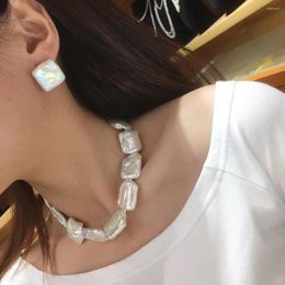 Collier boucles d'oreilles ensemble 20mm carré Keshi perle bijoux mode Stud Unique anneaux 3 pièces