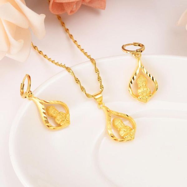 Collier boucles d'oreilles ensemble pendentif en or 24 carats pour femmes filles bijoux bouddha cadeaux chinois