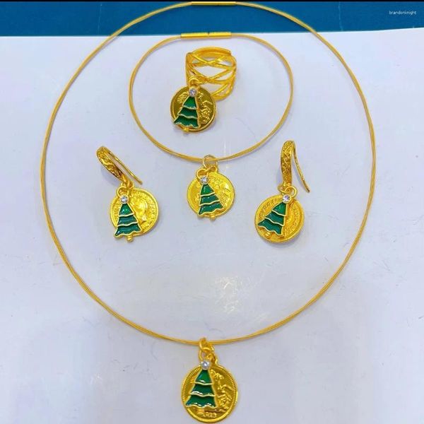 Conjunto de collar y pendientes chapado en oro de 24 quilates, joyería de Dubái, anillo con patrón de árbol de Navidad, pulsera, moda femenina de cuatro piezas YY10186